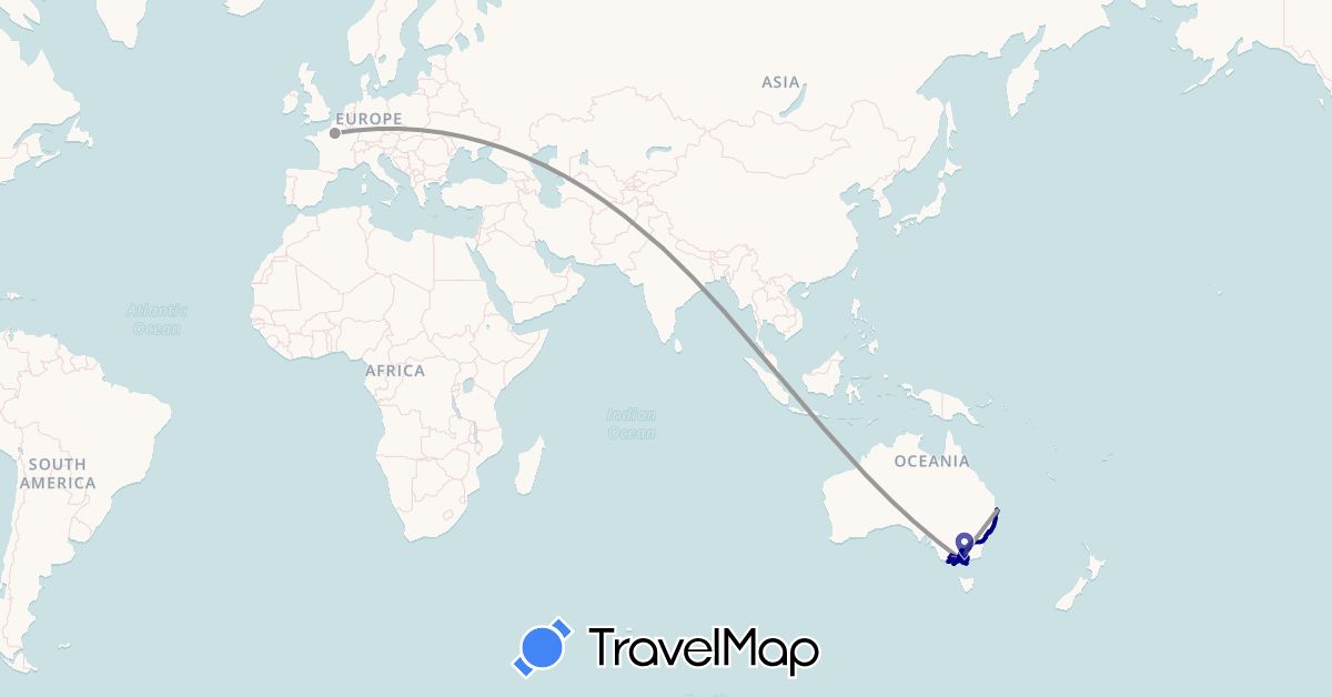 TravelMap itinerary: driving, bus, plane, cycling, train, hiking, boat in Australia, France, India (Asia, Europe, Oceania)